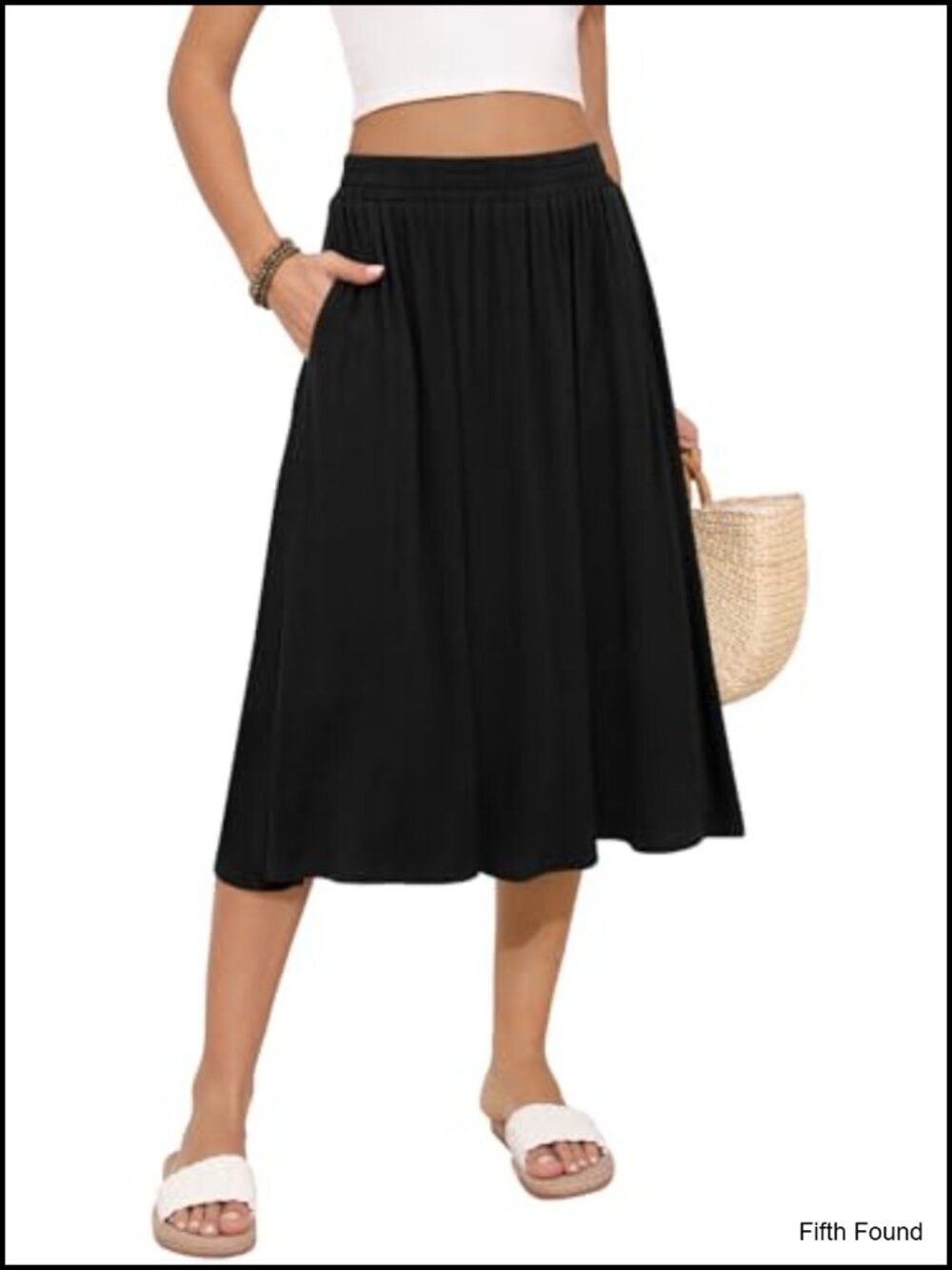 Women's Midi Skirt Rayon Flowy A-Line Casual Elastic Waist with Pockets